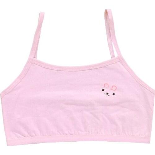 Teenage Puberty Girls Solid Color Double Layer Underwear Bra Spaghetti Strap Cute Cartoon Rabbit Bralette Summer Basic Crop Top