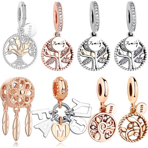 Authentic 925 Sterling Silver Family Tree Of Life Charms Rose Gold Beads Fit Original Bracelet Pendant DIY Jewelry