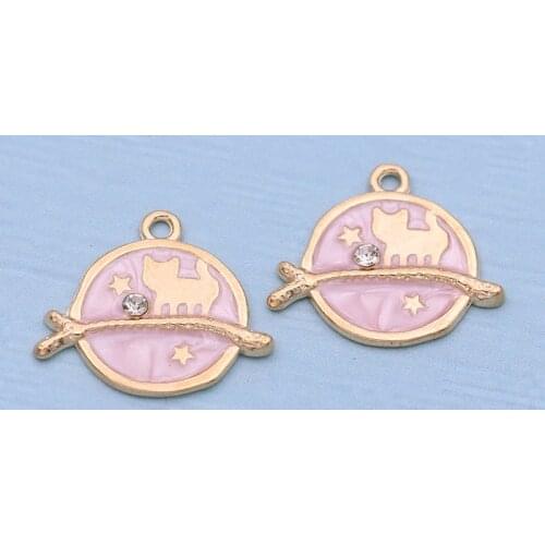 5PCS Gold Color Crystal Enamel Pink Cat Charms Pendants for Jewelry Making Bracelet Necklace DIY Earrings Handmade Craft