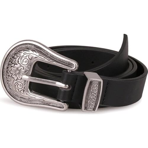 New Design Vintage Women PU Leather Belts Carved Buckle Luxury Waist Strap Punk Trouser Jeans Dress Female Decoration Belt