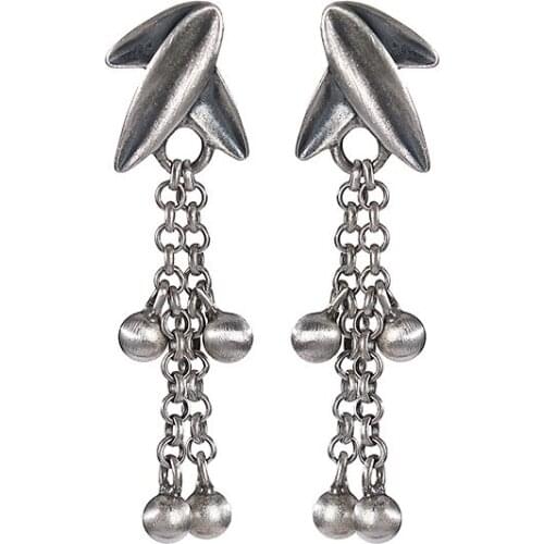 S925 sterling silver stud earrings artistic personality retro distressed bamboo leaf tassel ladies White eardrop earrings