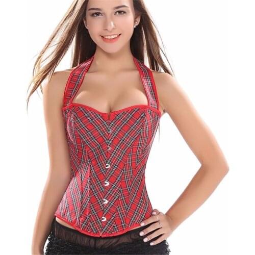 Sexy Corset Plaid Vest Corselet Top Women Corsets and Bustiers Lace Up Shapers Sexy Lingerie Halter Overbust Bustier Plus Size