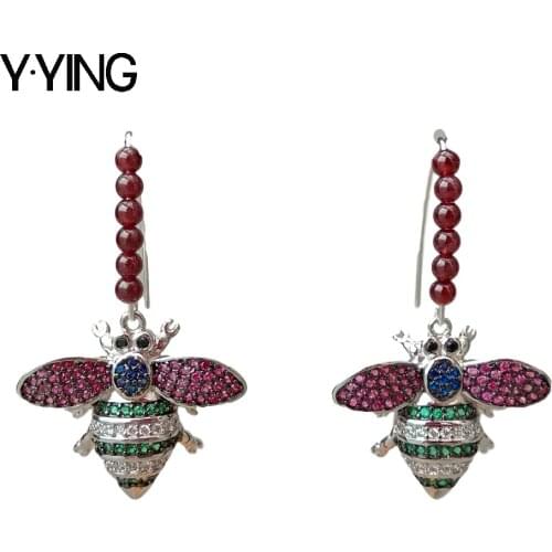 Red Garnet Micro Cubic Zirconia micro pave Insect Charm white gold color plated Hook Dangle Earrings