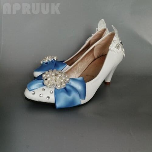 Blue bow bowtie wedding shoes middle 5CM heeled bridal brides sweet designer crystal luxury ankle lace butterfly bridesmaid pump