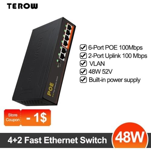 POE-switch 6-Port 10/100 Mbps Fast Ethernet Switch 4+2 UP-link With Internal Power VLAN Supply 120W 52V IEEE802.3