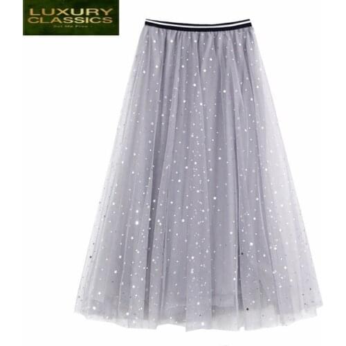 Tulle Womens Fashion 2021 Skirts Spring Long Beautiful Star Skirt Office Ladies Elegant Clothing Female Mesh Cloth LWL211