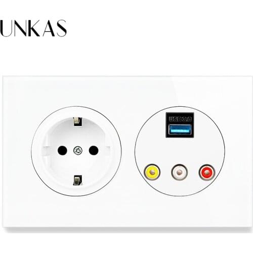 UNKAS USB 3.0 Jack VIDEO L/R Port Channels 16A EU Wall Socket 146MM*86MM Multimedia Adapter HD Converter Box USB To VIDEO+FL+FR