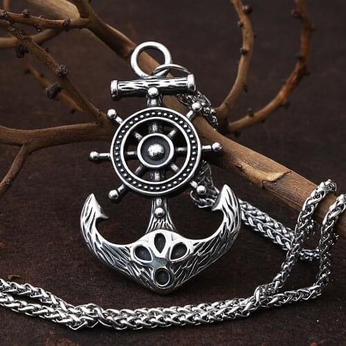 Vintage Viking Compass Pendant Necklace For Men Stainless Steel Viking Anchor Pendant Necklace Punk Hip Hop Mens Chain Jewelry