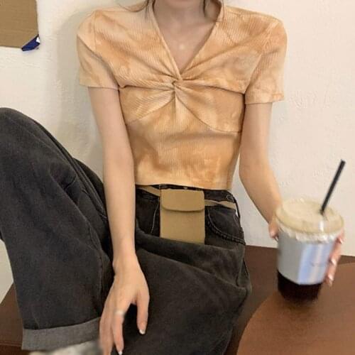 Summer Casual Knotted Short Top Sweet Women Tie Dye Print Short Sleeve V-neck T-shirt Ladies Streetwear Tops