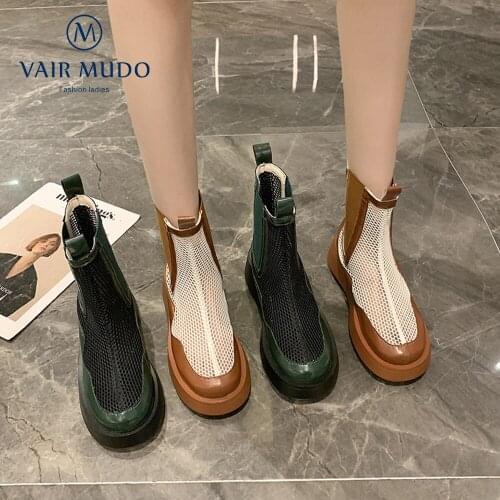 VAIR MUDO Women Ankle Boots Shoes Thick Bottom Waterproof Platform Round Toe Elegant Fashion Boots Black Brown Air Mesh WM-X8