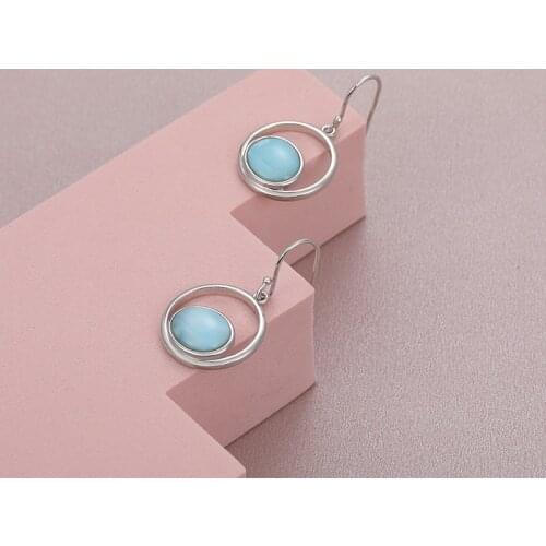 Natural Precious Larimar Earrings for Women 2021 Simple Fashion Geometric Round Charm 925 Sterling Silver Jewelry Gift Classic