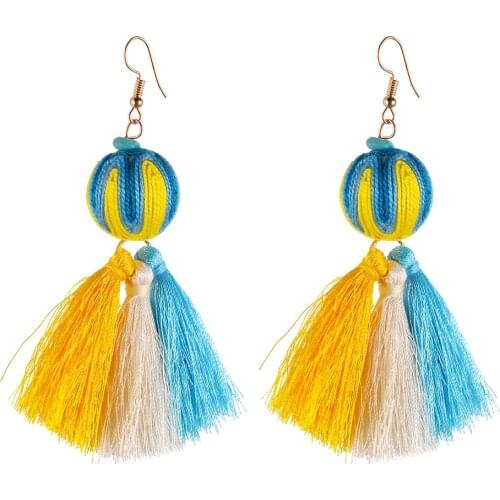 Vendimia Handmade Cotton Tassel Pom Pom Dangling Earrings for Women Vintage Maxi Statement Fringe Ball Earrings Ear Cuff Jewelry