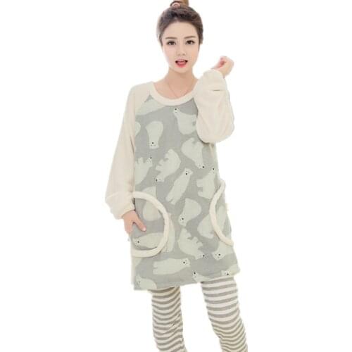 Autumn Winter Cute Pajamas women Sets Female Warm Lovely Polar Bear Pattern tops with strip pants two-pice Suits Homewear H16