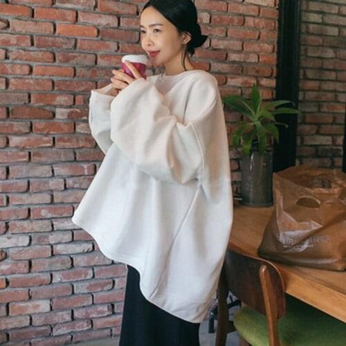 Johnature Spring New Korean Pullover Loose Irregular Hoodies 2021 Simple Solid Color O-neck Women Sweatshirt