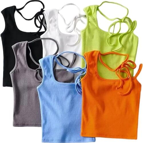 Women Tank Top Adults Sexy Irregular Tie Up Solid Square Collar Crop Top Female Basic Tees Summer Y2K Aesthetic Camis Streetwear