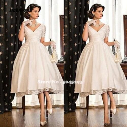 2021 Short Seeves Wedding Dresses V Neck Lace Satin Tea Length Bridal Gowns Custom Made Vestido De Novia Robe Mariage Undefined