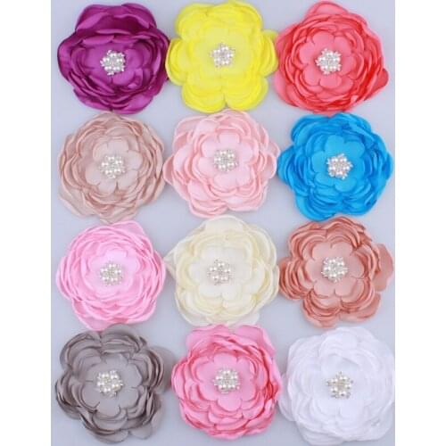 200PCS 9.2CM Fashion Fabric Burned Flowers With Rhinestone Pearl For Hair Clips Chiffon Flowers For Headbands Hair Accessories