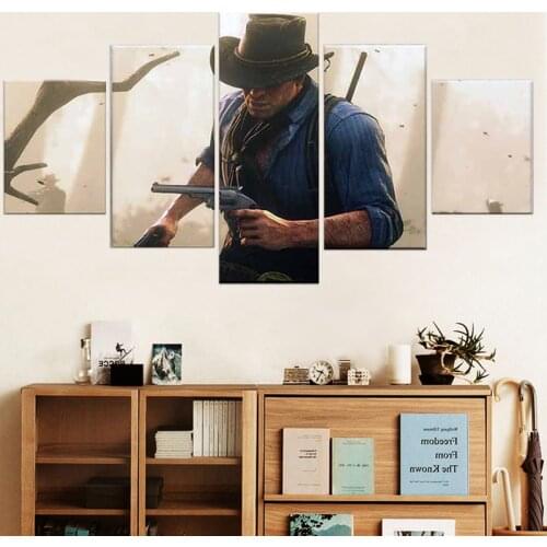 5 Panel Canvas Printed Game Red Dead Redemption 2 Arthur Morgan Poster Home Decorative Living Room Picture Wall Painting