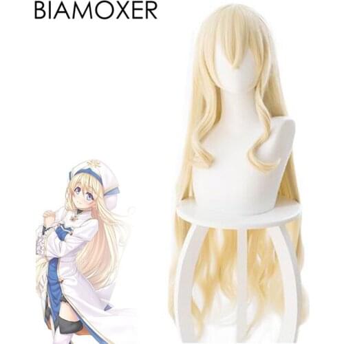 Biamoxer Anime Goblin Slayer Onna Shinkan Cosplay Hair Priestess Perucas Headwear 100cm Yellow Heat Resistant Synthetic Hair