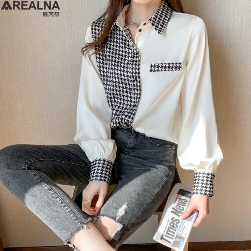 Women Blouses 2021 Fashion Long Sleeve houndstooth Patchwork Korean Office Shirt Blouse Shirt Casual Tops Plus Size blusas mujer