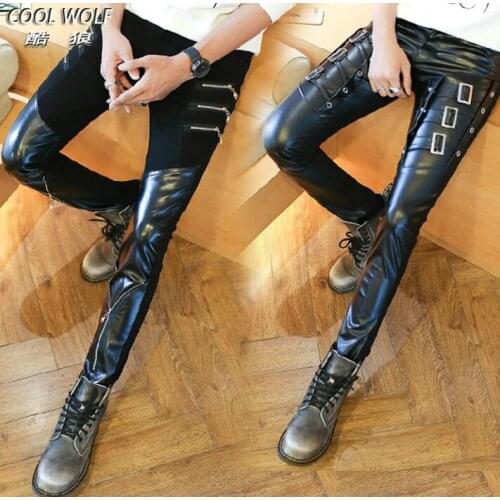 Autumn winter personality fashion motorcycle faux leather pants mens feet pants pu trousers for men pantalon homme zipper black