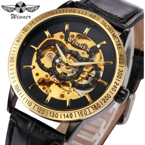 WINNER Watch Men Automatic Mechanical Watches 3D Index Design Golden Skeleton Dial Leather Strap Top Brand Luxury Wristwatch