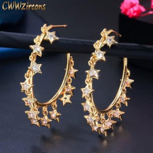 CWWZircons Popular Brazilian Gold Color Dangling Lucky Star Charms Hoop Round Earrings for Ladies Fashion Elegant Jewelry CZ821