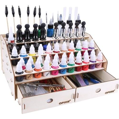 Wooden Double Drawer Paint Storage Rack 58 Holes Pigment Ink Bottle Organizer Painting Brush Holder Modular Stand Art Supplies