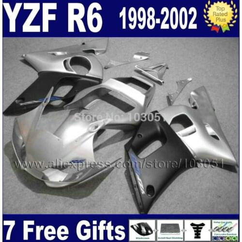 Custom Moto fairing for YAMAHA R6 1998 1999 02 00 99 98 silver blk YZF R6 2000 2001 2002 fairings aftermarket parts
