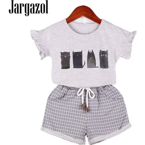 Jargazol Girls Clothes Childrens Clothing Set Petal Short Sleeve Tops + Plaid Shorts Cartoon Cat Printed Toddler Girl Clothes