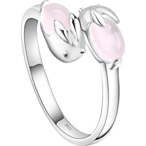925 Sterling Silver Lovely Double Rabbit Animal Rings With Pink Opal Crystal Stone Jewelry For Girls Gifts S-R135