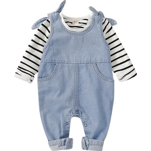 Newborn Kid Baby Boy Girl Stripe Shirt Denim Jumpsuit Romper Overalls Outfits Set Autumn Long Sleeve Cute Warm Clothing
