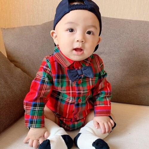 Emmababy Newborn Babys 2Pcs Set Toddlers Lapel Plaid Button Long Sleeve Romper Blue Bow Tie Spring Autumn Christmas Clothes