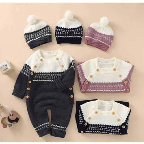Baby Winter Casual Knitted Rompers Infants Newborn Boys Girls Long Sleeve Stitching Button Jumpsuit+Cap Clothes Set 3 Colors