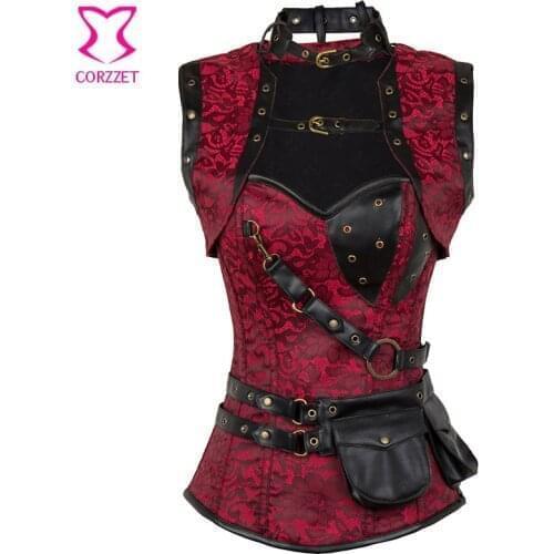 Red/Black Embroidery Floral Steel Boned Corsets and Bustiers Steampunk Corset Top With Pocket Belt and Jacket Gothic Clothing