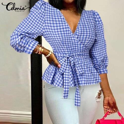 2021 Summer Sexy V Neck Plaid Blouse Celmia Vintage Women Ruffles Peplum Tops Wrap 3/4 Sleeve Casual Loose Party Shirt