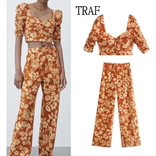 TRAF Za Women 2021 Summer Cropped Print Blouse Women Vintage V-neck Puff Sleeve Tops High Waist Print Straight Pants Woman Suit