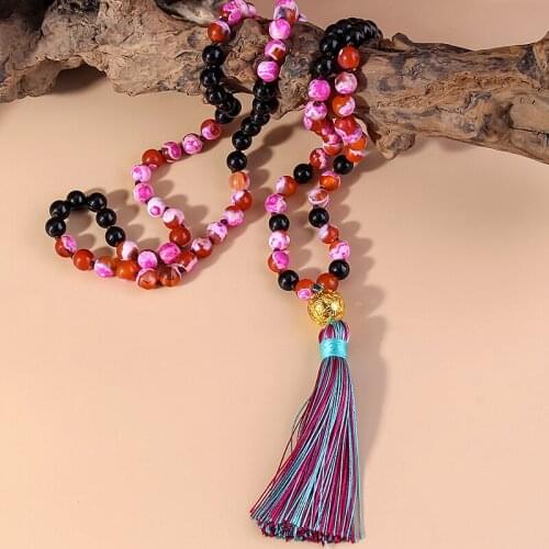 RH Fashion Bohemian Jewelry Accessory 108 Bead Hot Pink & Black Stones Knotted Multi Tassel Necklaces Women Gift Dropship