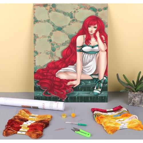 Cartoon Girl Woman Printed Fabric 11CT Cross Stitch Complete Kit DIY Embroidery DMC Threads Hobby Painting Needlework Design