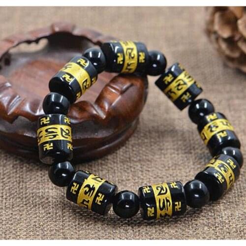 Natural Obsidian Six-character True Word Bracelet Jewelry Fine Jewelry Buddha Single Circle Mens Personalit Bracelt