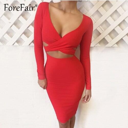 Forefair Sexy V Neck Midi Bodycon Dresses Women Autumn Winter 2018 Red Black Long Sleeve Night Club Wear Party Bandage Dress