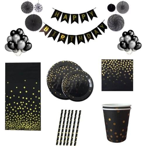 Gold Stamping Dots Theme Disposable Tableware Black Gold Dots Birthday Party Decorations Disposable Plates Napkins Cups Banners