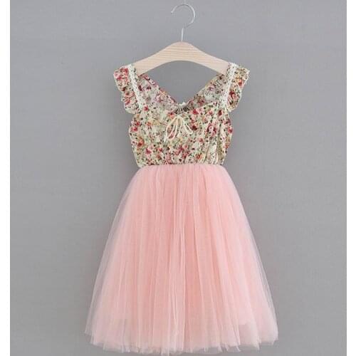 Retail Girl Princess Dress Beige Floral Mid Calf Length Soft Pink Gauze Backless Sweet Dress Children Clothing 2-7Y HH001