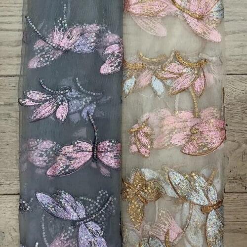 Butterfly dragonfly sequined mesh embroidery fabric for dress beaded lace embroidery fabric