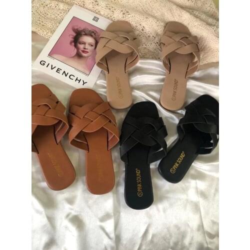 Summer Women Slippers Weave Pu Strap Flat Heel Solid Rubber Sole Outside Slides Beach Fashion Trendy Sandals Ladies Shoes 2021