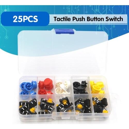 25PCS Tactile Push Button Switch Momentary 12*12*7.3MM Micro switch button + 25PCS Tact Cap(5 colors) for Arduino Switch