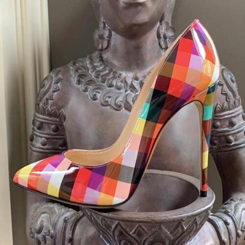 Multicolor Square Printed Patent Leather Shallow Dress Shoes Pointy Toe 12CM Stiletto Heels Pumps Celebrating Banquet Shoes
