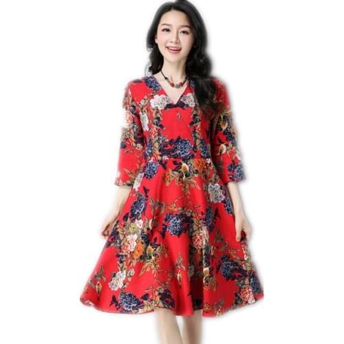 Vintage Cotton Linen 2019 New Spring Fashion Print Flowers Women Mini Dress Female Elegant V-Neck Dress Three Quarter DressQ014
