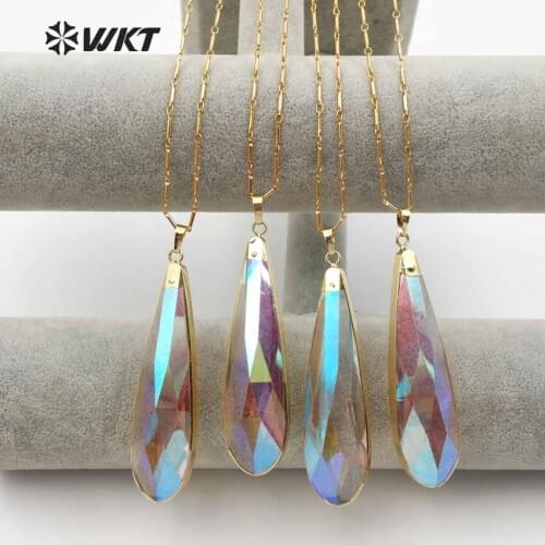 WT-N1118 Sparkly Exquisite Gold Dipped Big Water Drop Shape Crystal Penadnt With Gold Layer Necklace Gift For Women