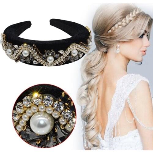 2021 New Exaggerated Women Sponge Padded Headband Wavy Faux Pearl Rhinestone Hair Hoop Velvet Shiny Jewelry Geometric Bandana
